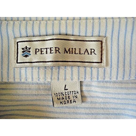 Peter Millar Polo Golf Shirt Blue Striped Embroidered Panama Jack Hat Logo L - Picture 7 of 7